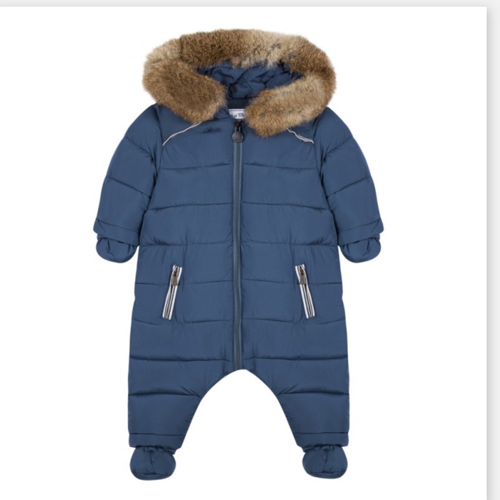 Tartine et Chocolat Navy Blue Puffer Baby Snowsuit with Faux Fur Hood